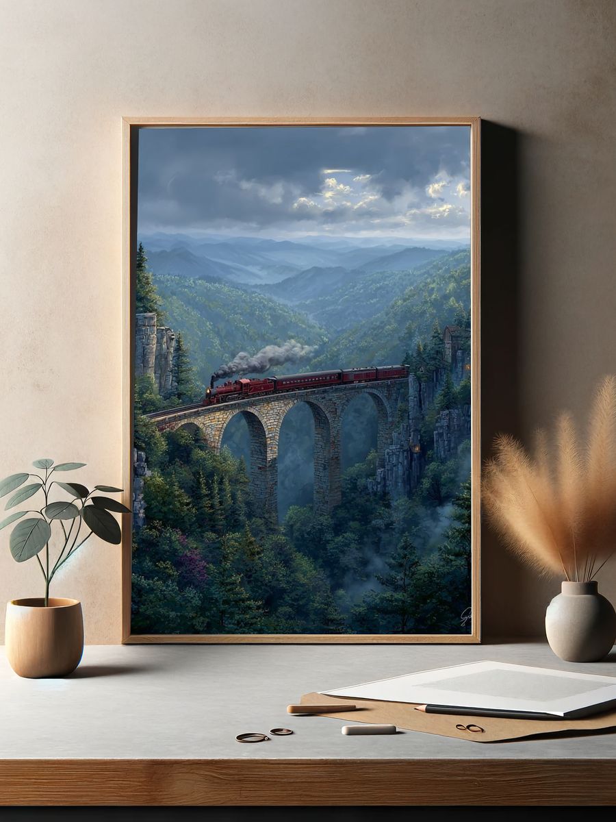 Steam Train Crossing a Bridge — Landscape Print. — room view 2