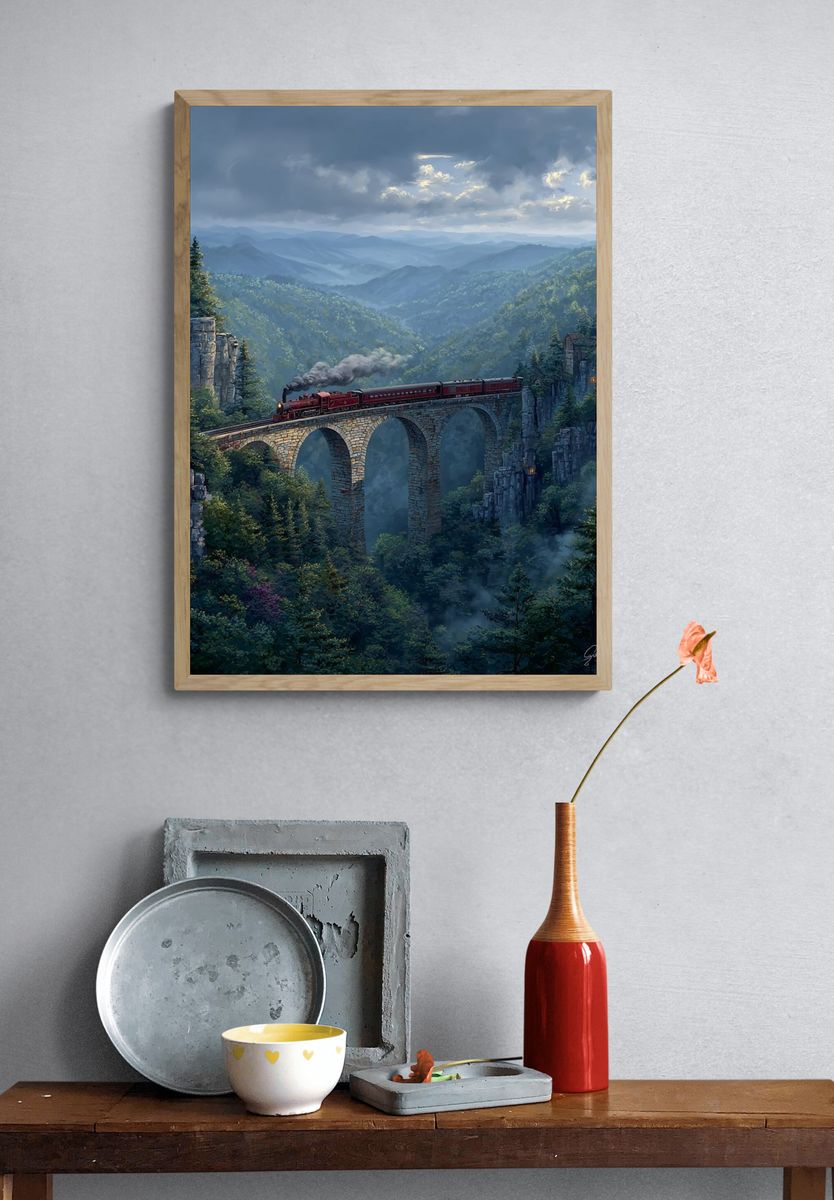 Steam Train Crossing a Bridge — Landscape Print. — room view 3