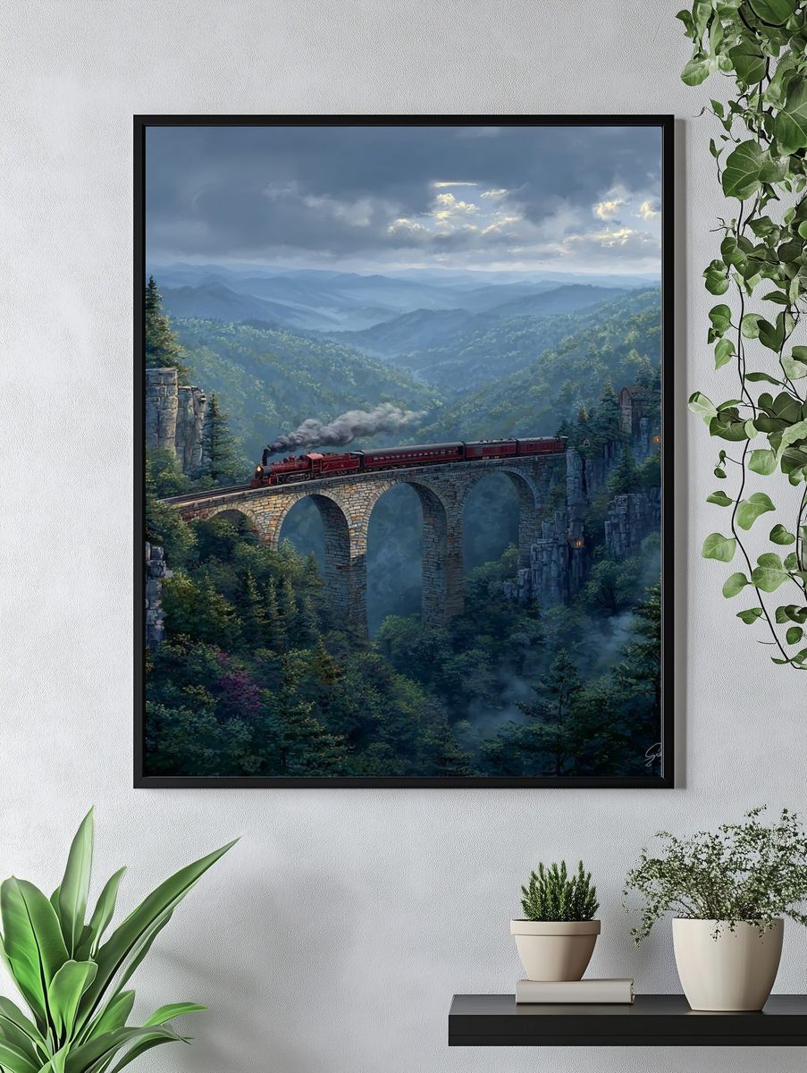 Steam Train Crossing a Bridge — Landscape Print. — room view 4