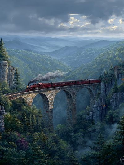 Steam Train Crossing a Bridge — Landscape Print