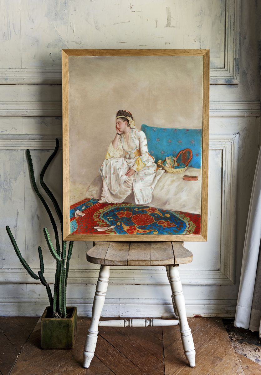 Woman in Turkish Dress, Seated on a Sofa by Jean Etienne Liotard — Art Print. — room view 1