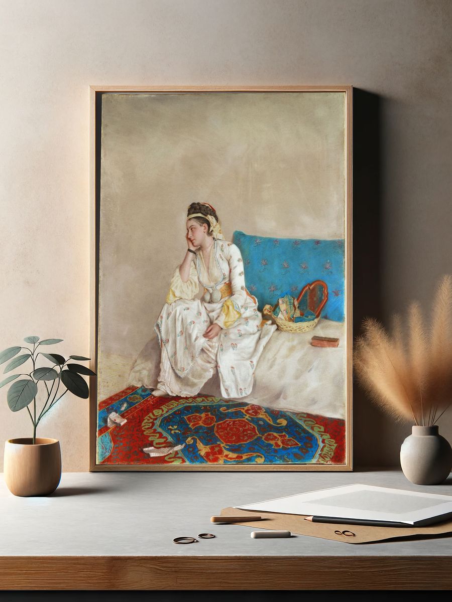 Woman in Turkish Dress, Seated on a Sofa by Jean Etienne Liotard — Art Print. — room view 2