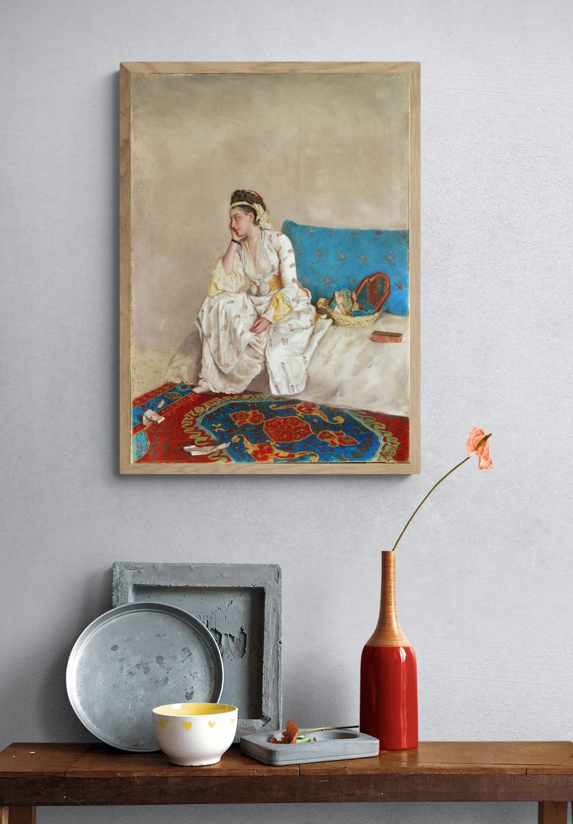 Woman in Turkish Dress, Seated on a Sofa by Jean Etienne Liotard — Art Print. — room view 3