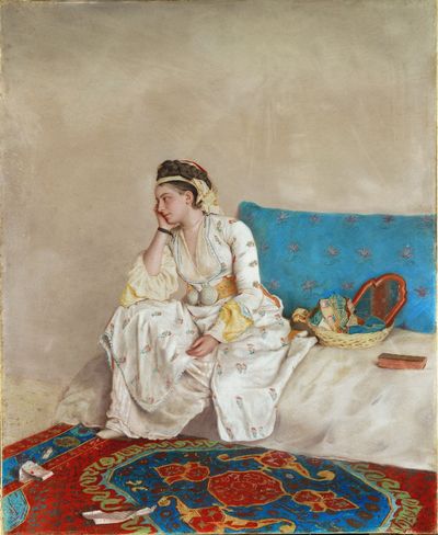Woman in Turkish Dress, Seated on a Sofa by Jean Etienne Liotard — Art Print.