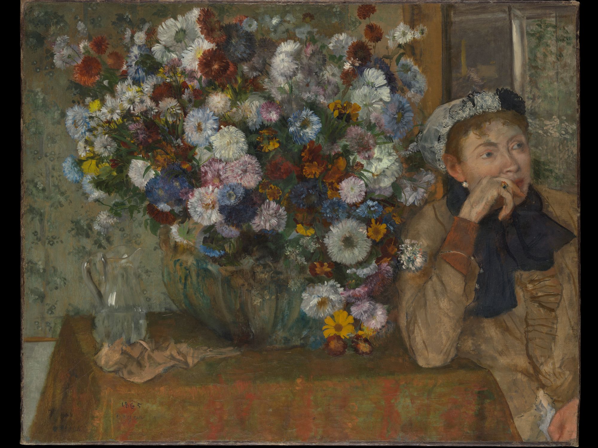 A Woman Seated beside a Vase of Flowers (Madame Paul Valpinçon?) by Edgar Degas — Art Print. poster detail