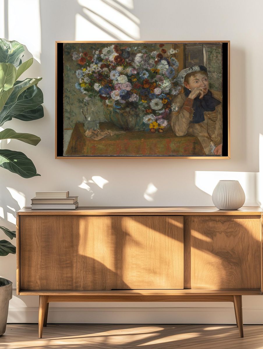 A Woman Seated beside a Vase of Flowers (Madame Paul Valpinçon?) by Edgar Degas — Art Print. — room view 3