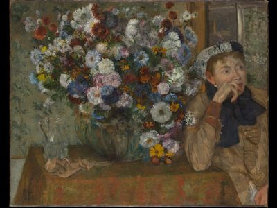 A Woman Seated beside a Vase of Flowers (Madame Paul Valpinçon?) by Edgar Degas — Art Print. poster