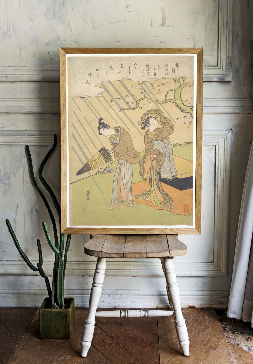 Young Man and Woman Caught in the Rain while Enjoying Cherry Blossoms (Sakura-gari) by Suzuki Harunobu — Art Print. room preview