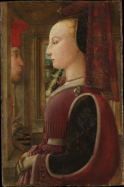 Portrait of a Woman with a Man at a Casement by Fra Filippo Lippi — Art Print. poster