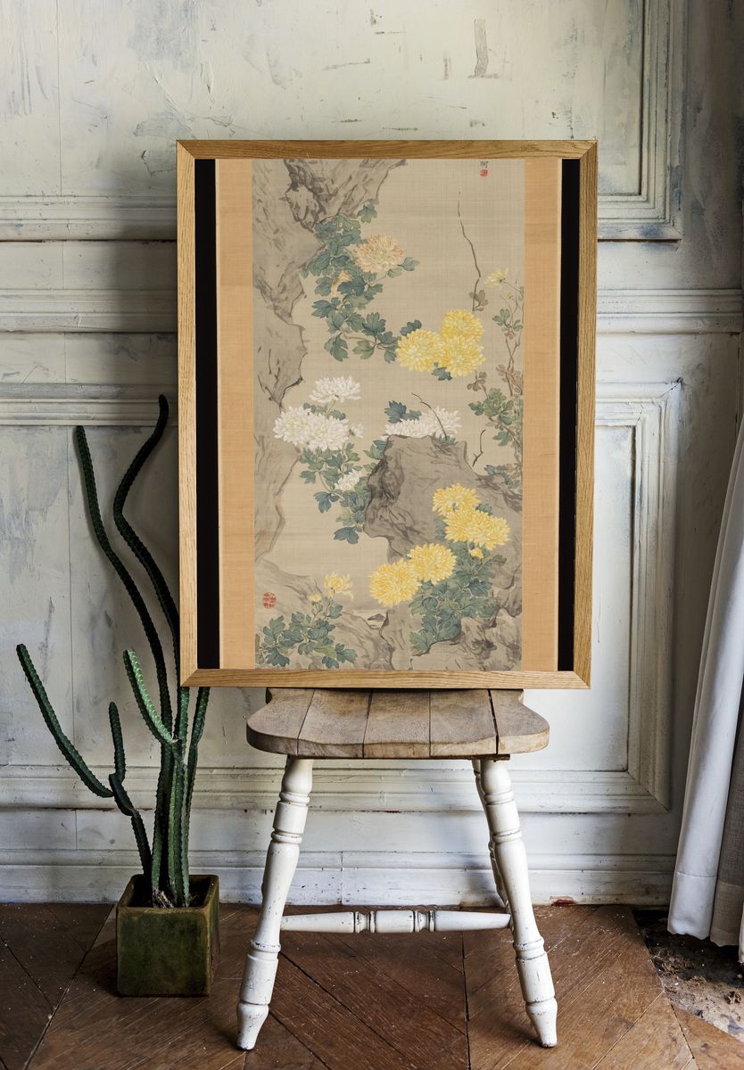The Reflection of Fragrant Flowers Dangling over a Pond by Tsubaki Chinzan — Art Print. — room view 1