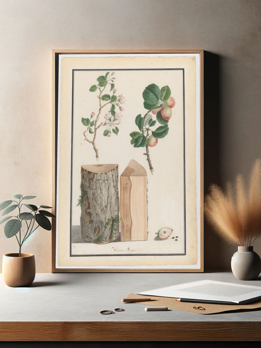 Studies of the trunk, blossoms and fruit of a wild apple tree (Malus sylvestris) by Ludwig Pfleger — Art Print. — room view 2