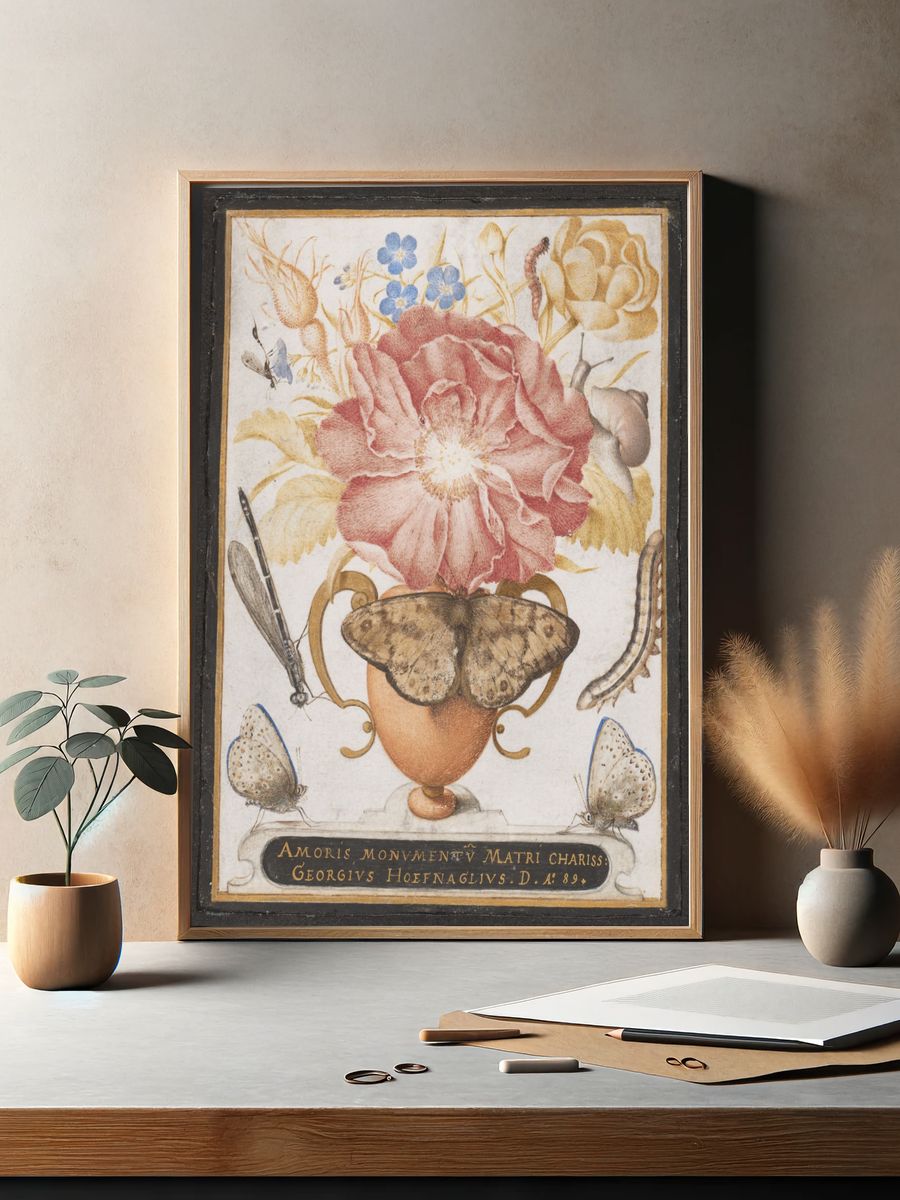 Still Life with Flowers, a Snail and Insects by Joris Hoefnagel — Art Print. — room view 2