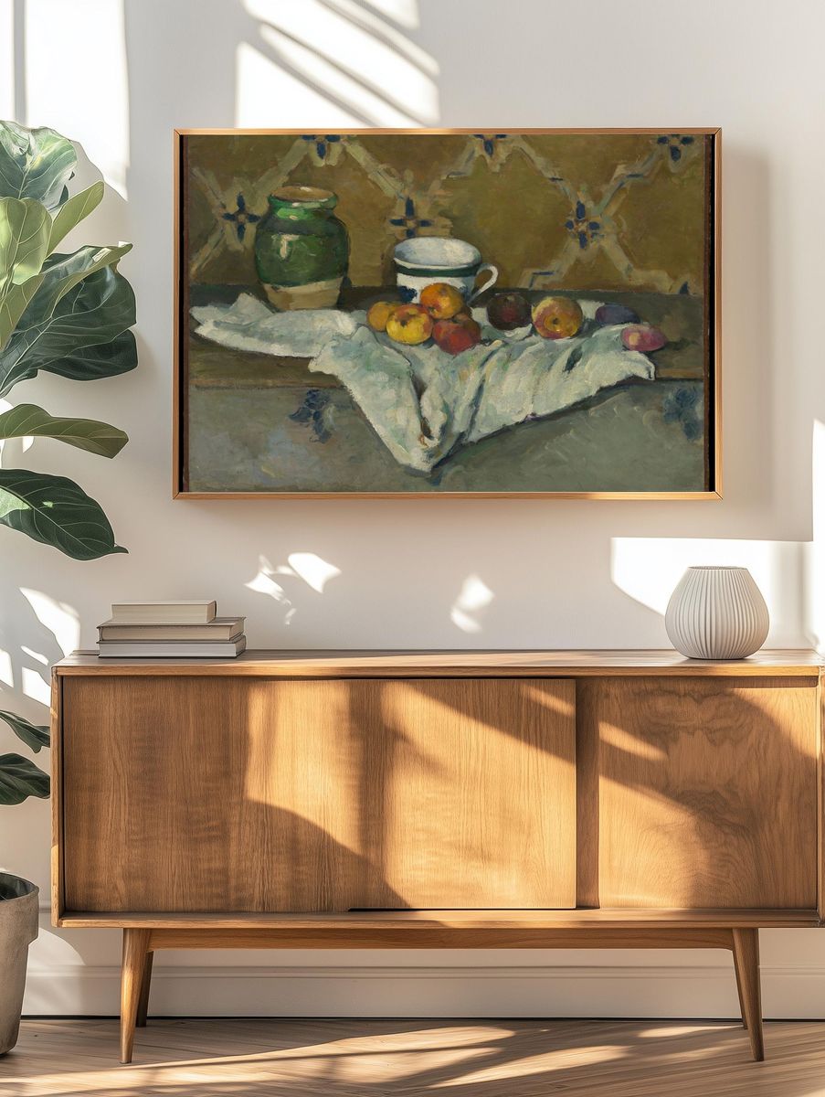 Still Life with Jar, Cup, and Apples by Paul Cézanne — Art Print. — room view 3