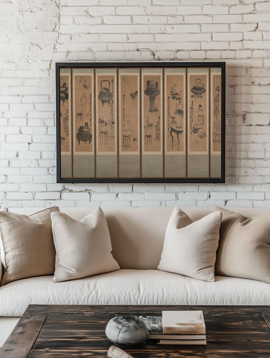 Still life with bronze vessels and flowering plants by Jang Seung-eop (sobriquet: Owon) — Art Print. — room view 1