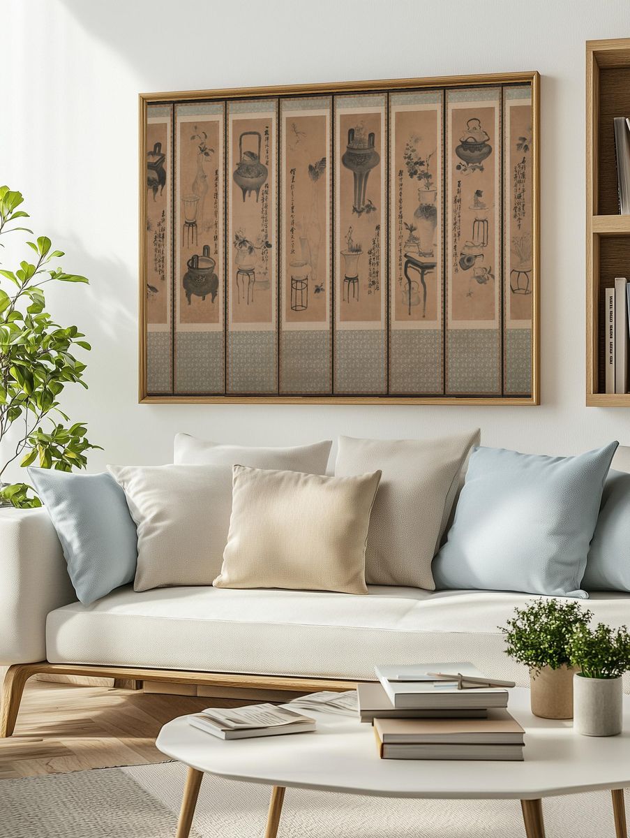 Still life with bronze vessels and flowering plants by Jang Seung-eop (sobriquet: Owon) — Art Print. — room view 2