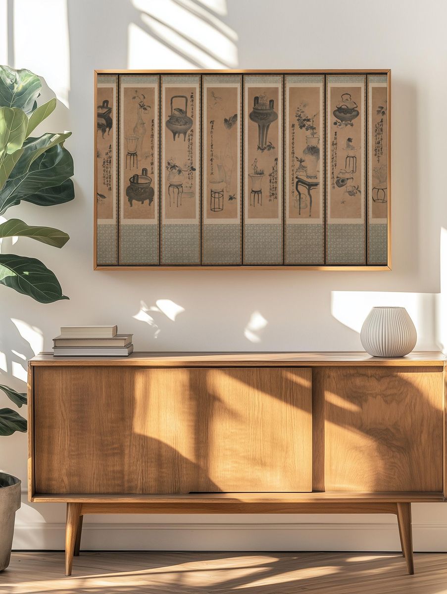 Still life with bronze vessels and flowering plants by Jang Seung-eop (sobriquet: Owon) — Art Print. — room view 3