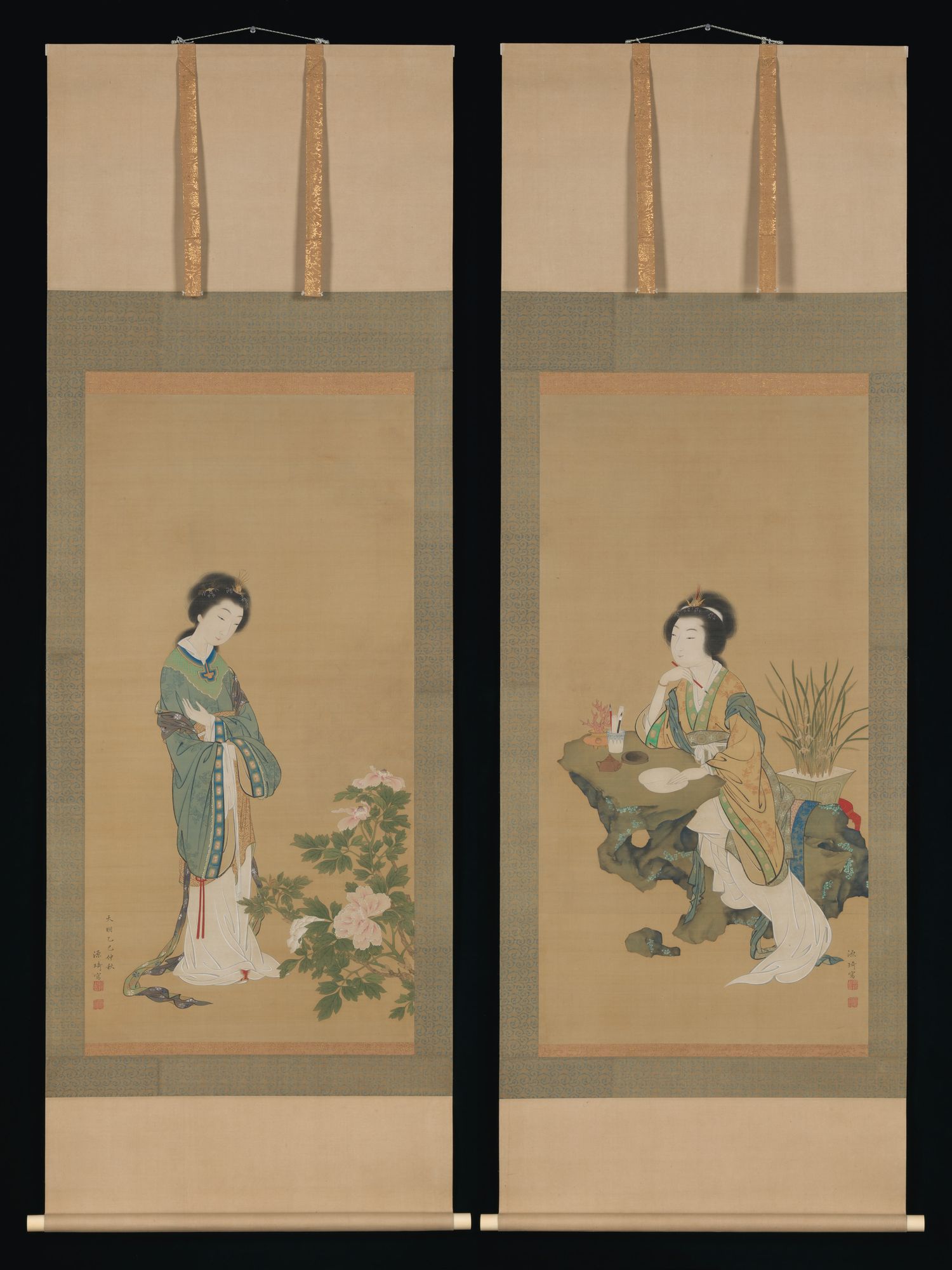 Yanji with Orchids and Yang Guifei with Peonies by Genki (Komai Ki) — Art Print. poster detail