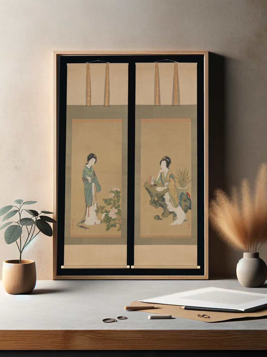 Yanji with Orchids and Yang Guifei with Peonies by Genki (Komai Ki) — Art Print. — room view 2