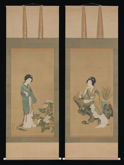 Yanji with Orchids and Yang Guifei with Peonies by Genki (Komai Ki) — Art Print. poster