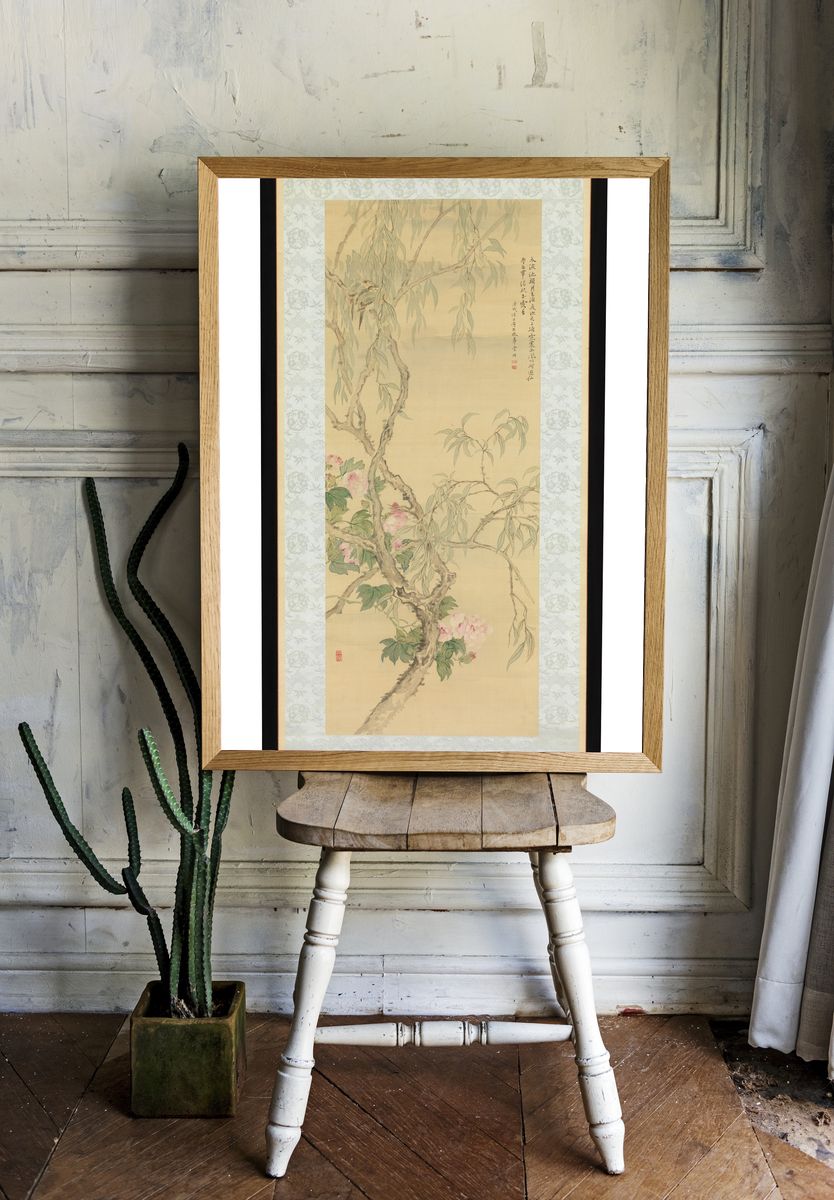 Small Birds on a Willow Branch and Hibiscus Blossoms by Tsubaki Chinzan — Art Print. room preview