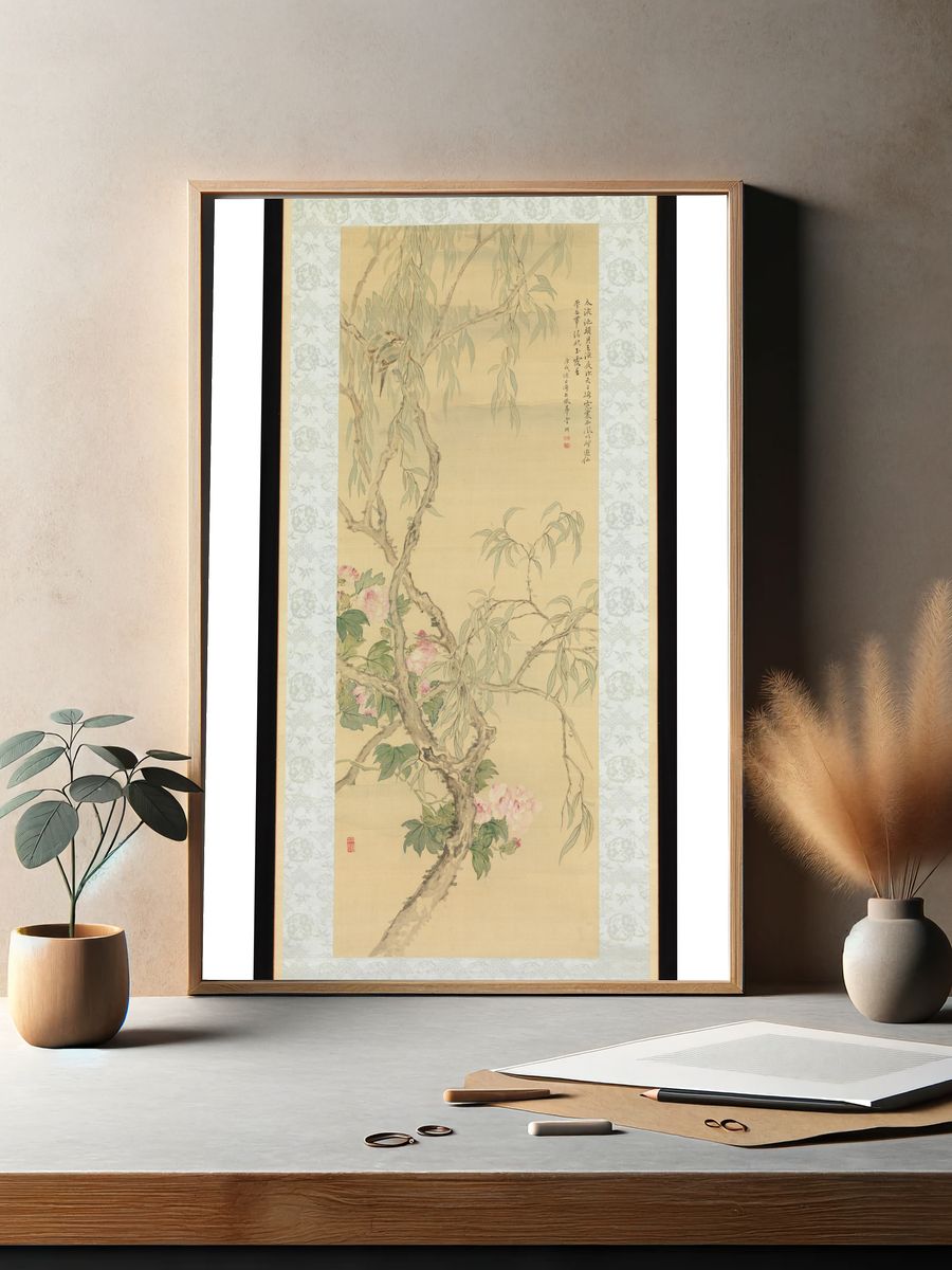 Small Birds on a Willow Branch and Hibiscus Blossoms by Tsubaki Chinzan — Art Print. — room view 2