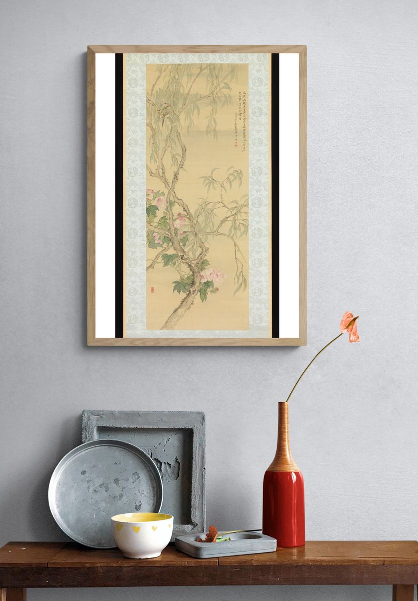 Small Birds on a Willow Branch and Hibiscus Blossoms by Tsubaki Chinzan — Art Print. — room view 3