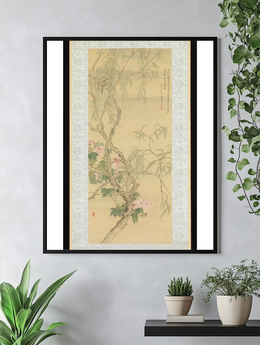 Small Birds on a Willow Branch and Hibiscus Blossoms by Tsubaki Chinzan — Art Print. — room view 4