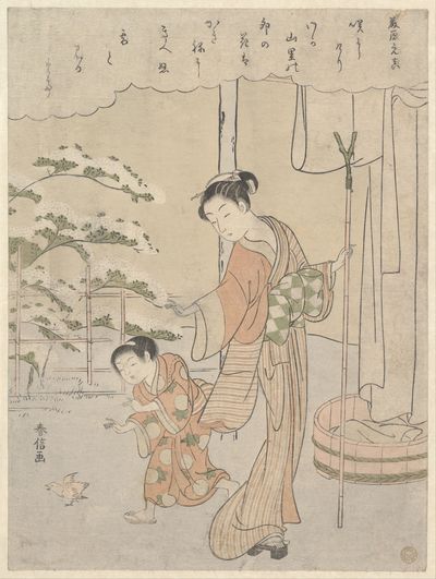 Poem by Fujiwara no Motozane (ca. 860) from the Series Thirty-Six Poets by Suzuki Harunobu — Art Print.