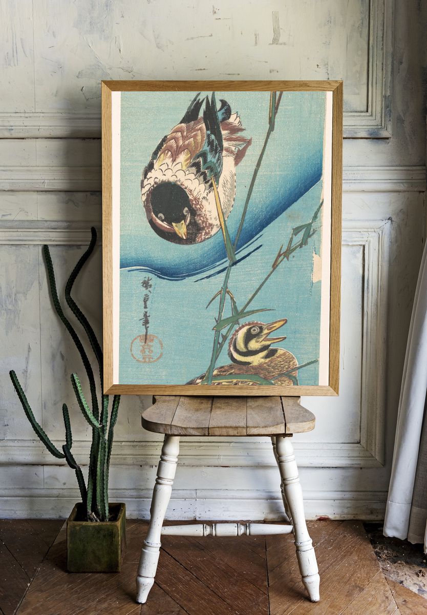 Mallard Ducks and Snow-covered Reeds by Utagawa Hiroshige — Art Print. room preview