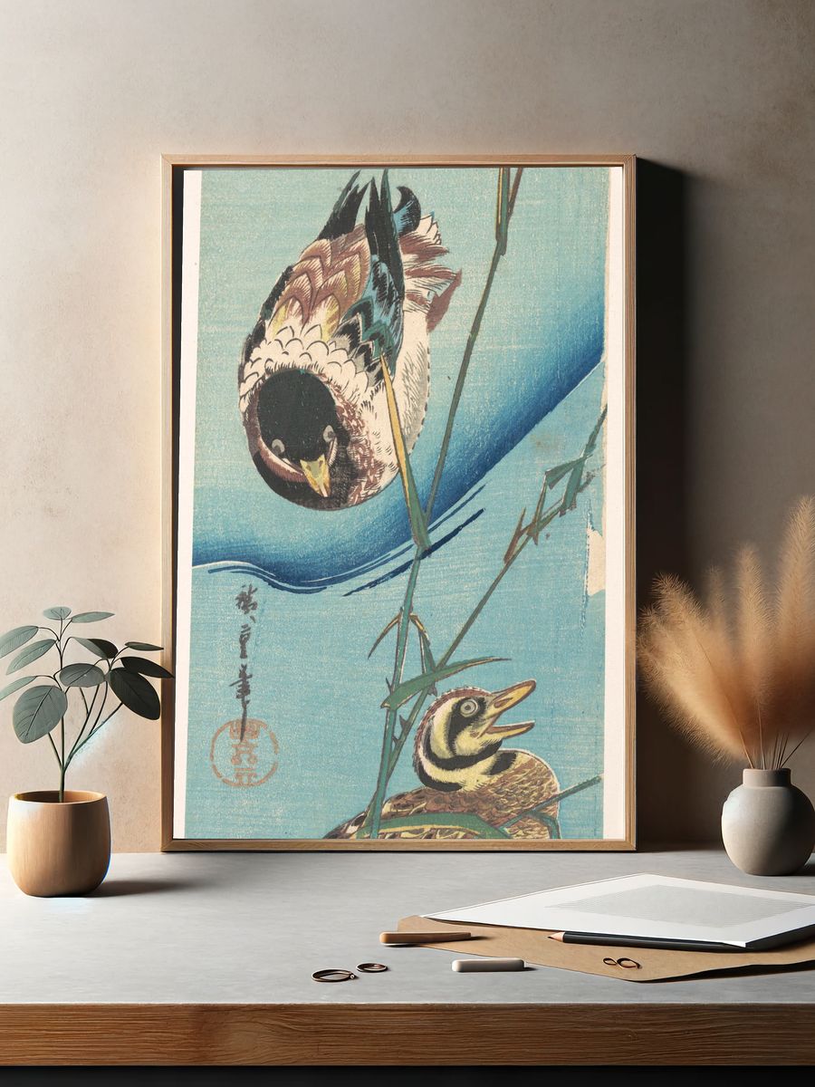 Mallard Ducks and Snow-covered Reeds by Utagawa Hiroshige — Art Print. — room view 2