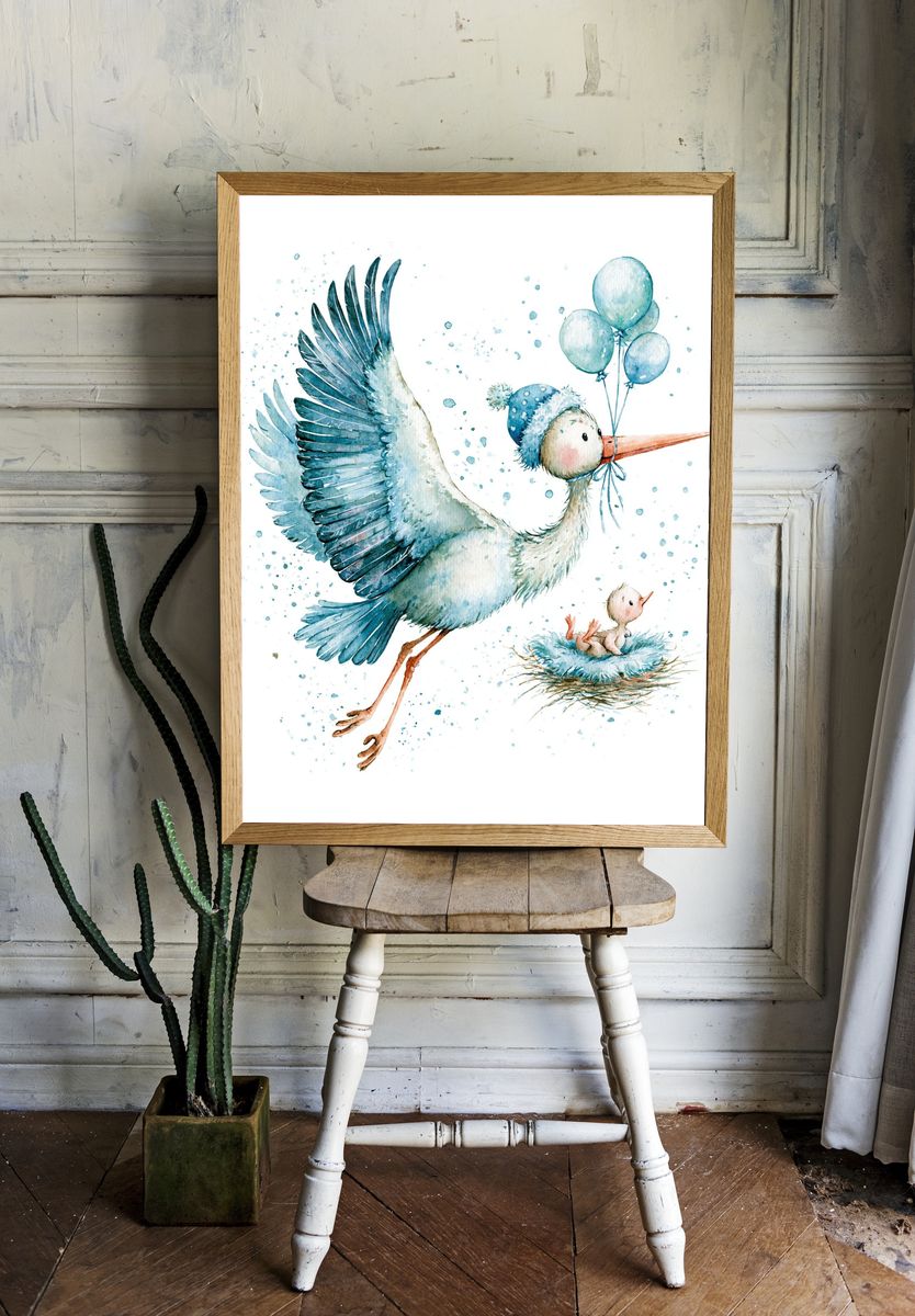 Stork with Balloons Watercolor Poster. room preview