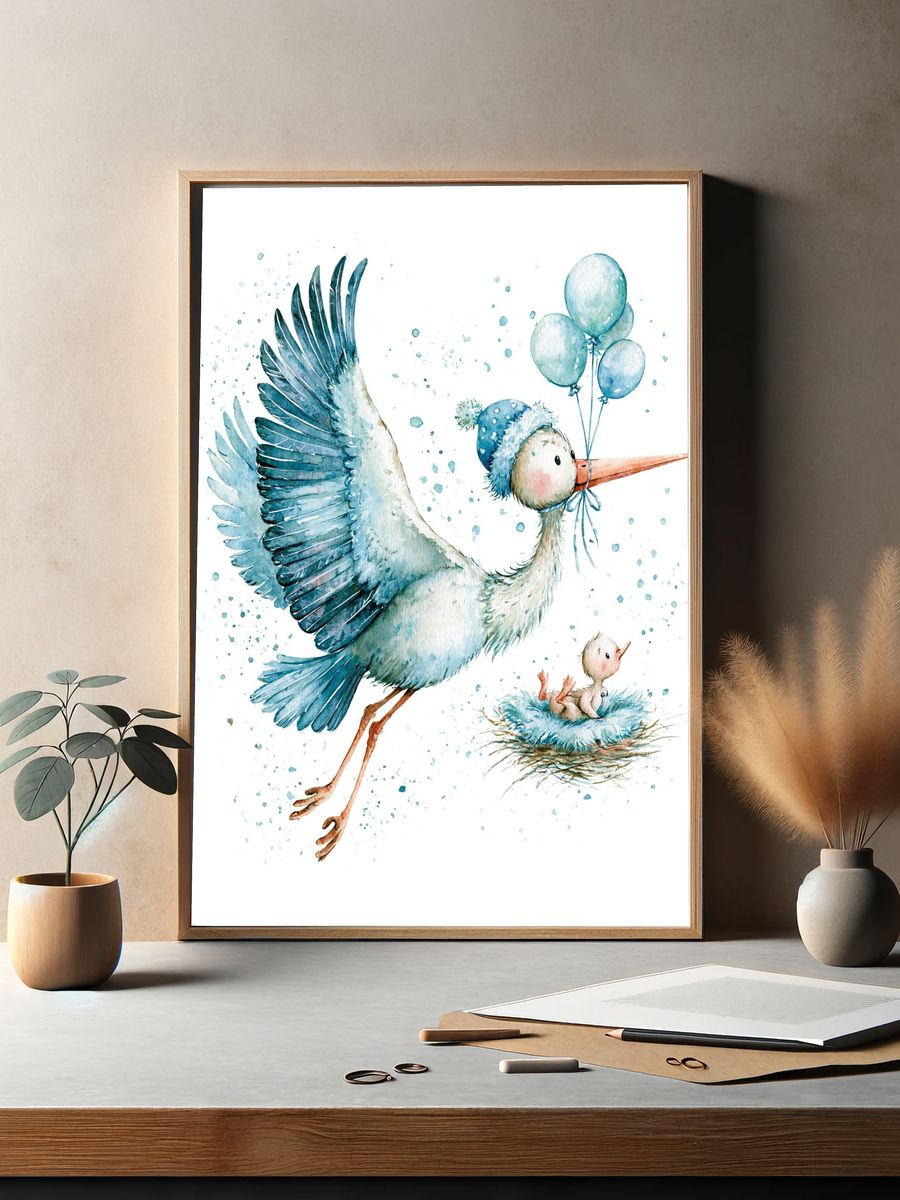 Stork with Balloons Watercolor Poster. — room view 2