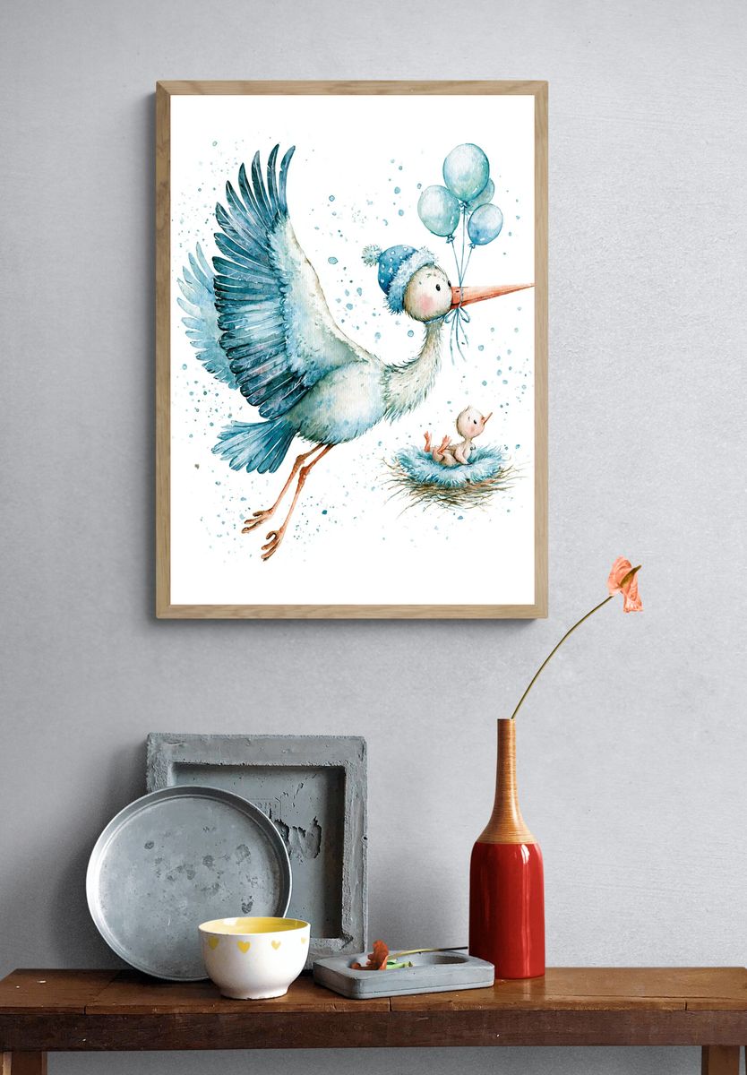 Stork with Balloons Watercolor Poster. — room view 3