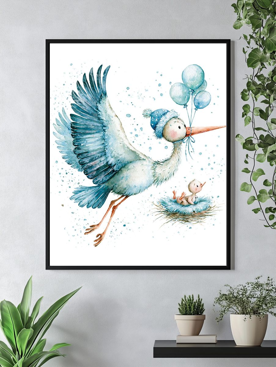 Stork with Balloons Watercolor Poster. — room view 4