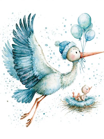 Stork with Balloons Watercolor Poster.