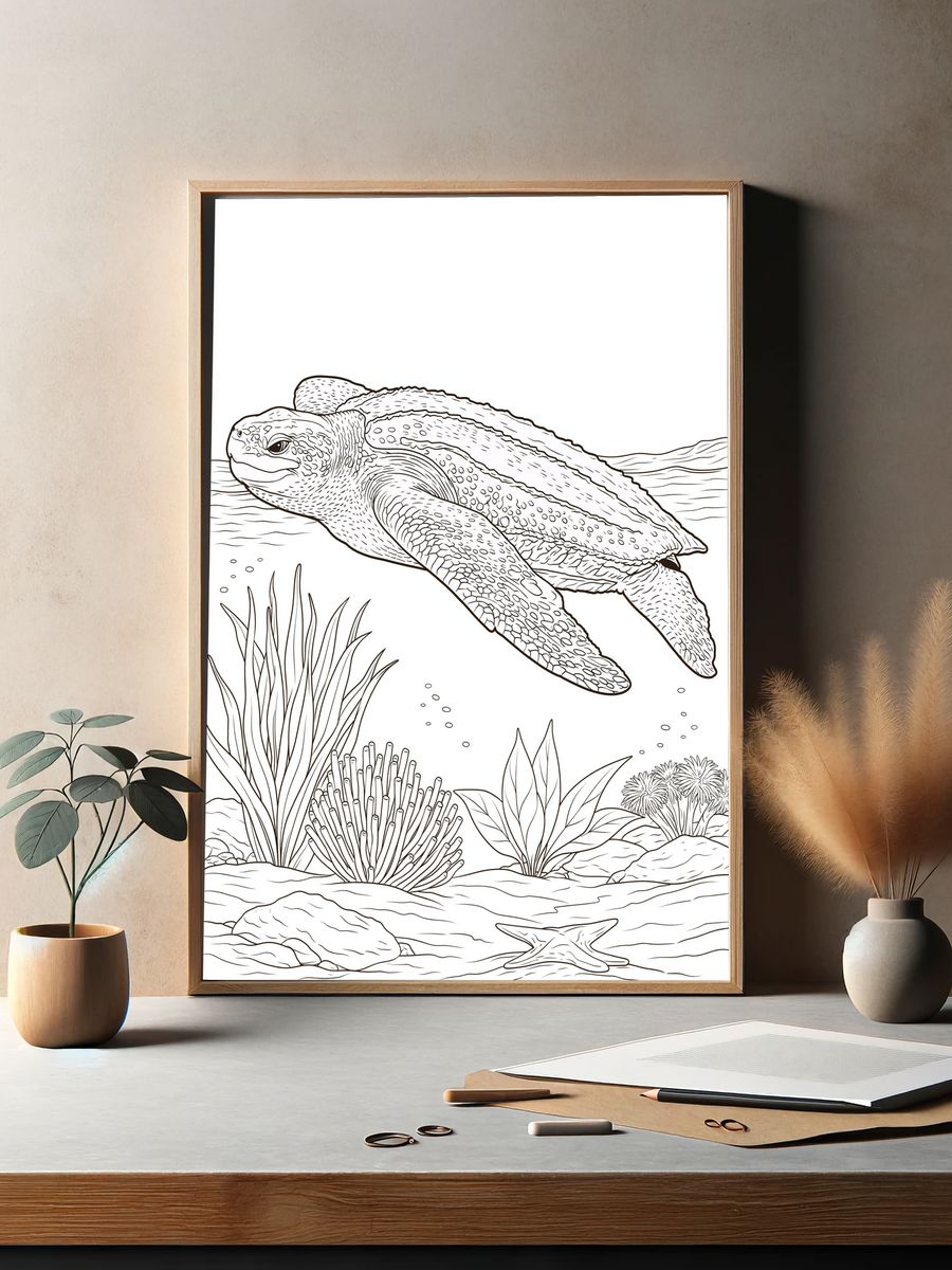 Sea Turtle Underwater Line Art Poster. — room view 2