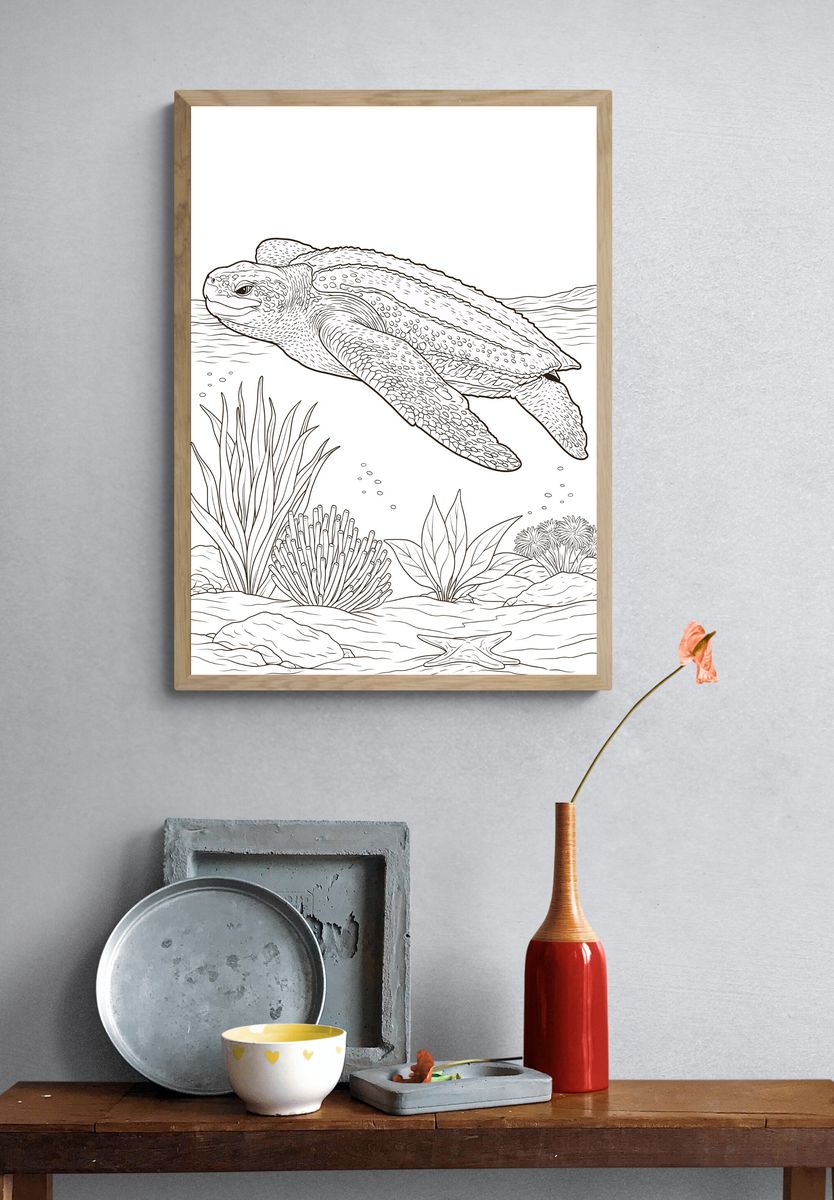 Sea Turtle Underwater Line Art Poster. — room view 3