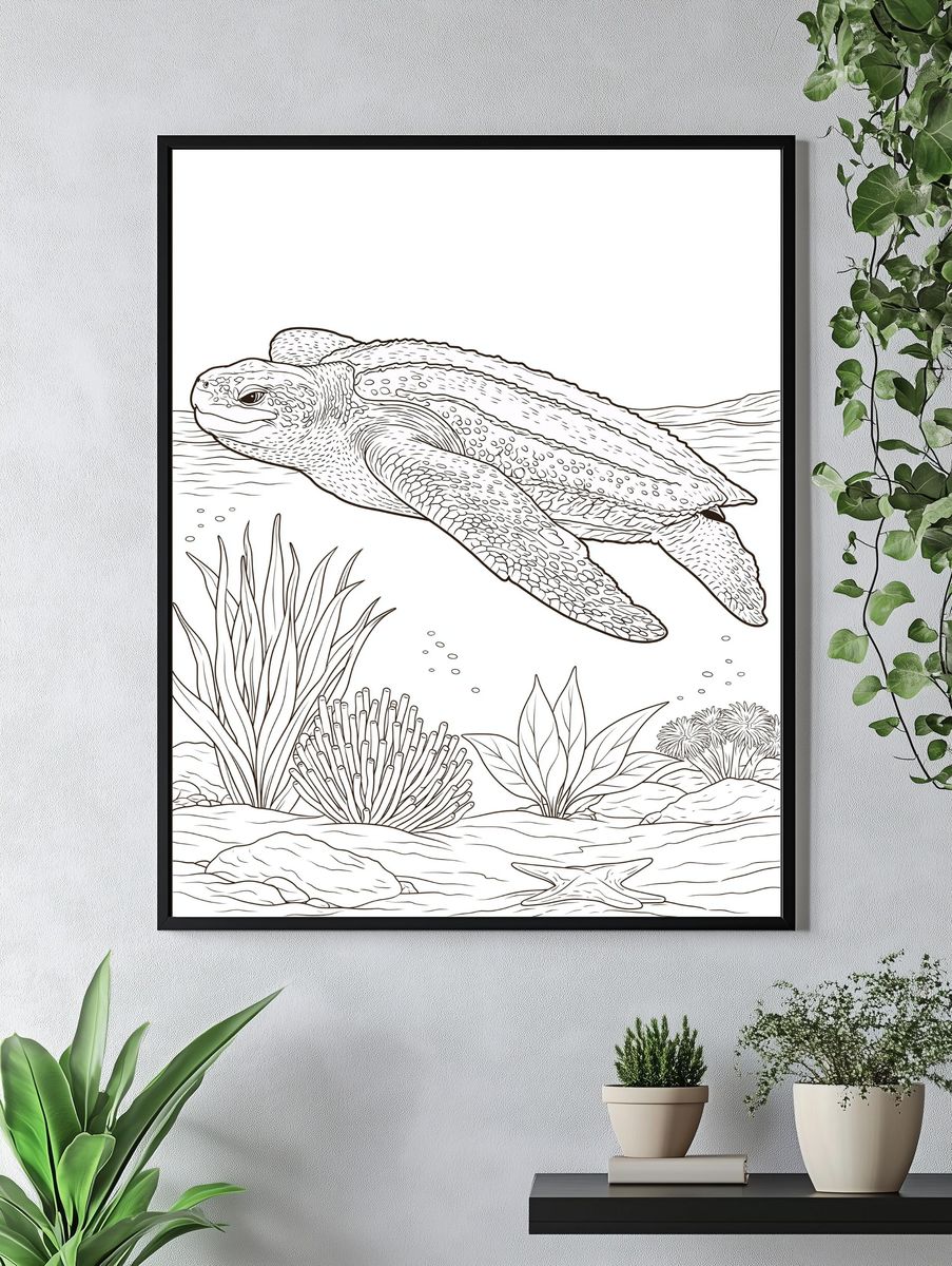 Sea Turtle Underwater Line Art Poster. — room view 4