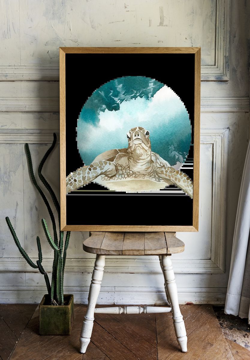 Watercolor painted turtle green badge. room preview