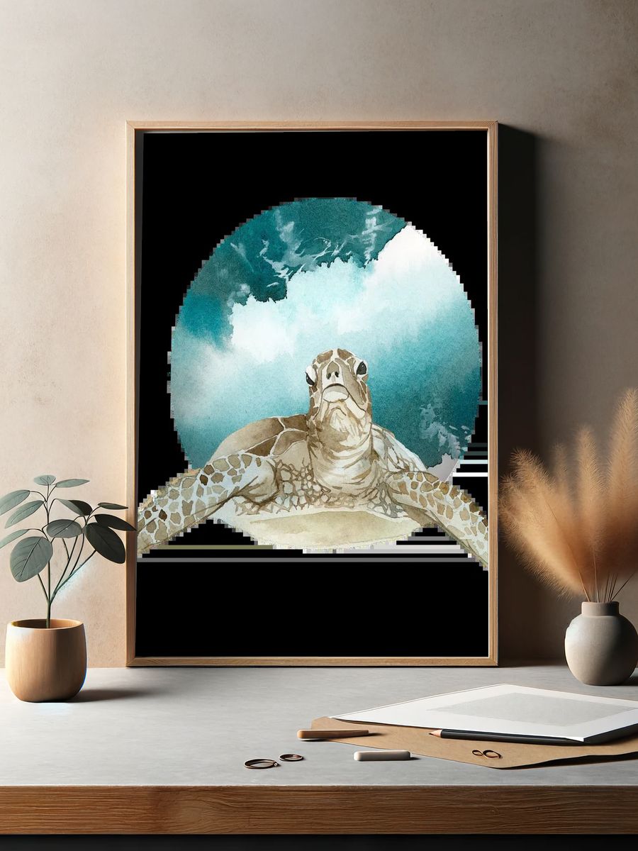 Watercolor painted turtle green badge. — room view 2