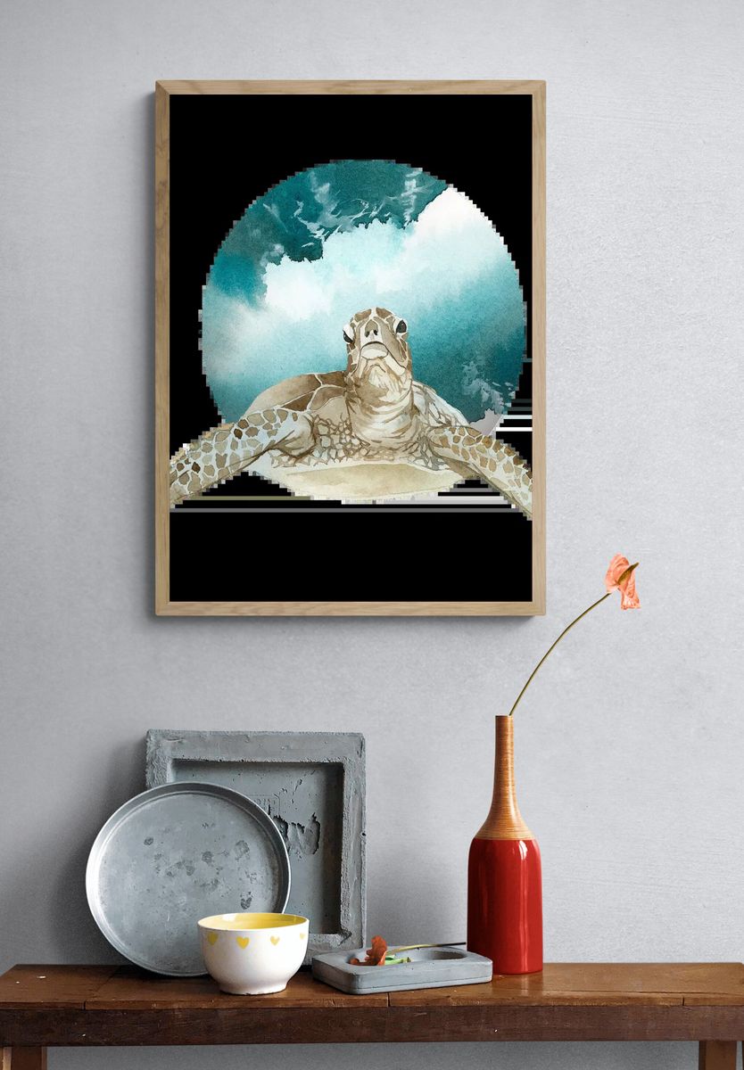 Watercolor painted turtle green badge. — room view 3