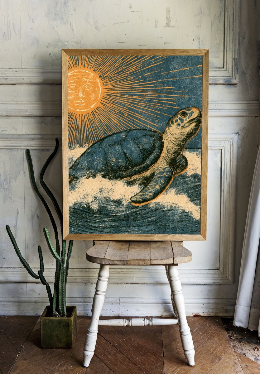 Sea Turtle Sunburst Vintage Print. — room view 1