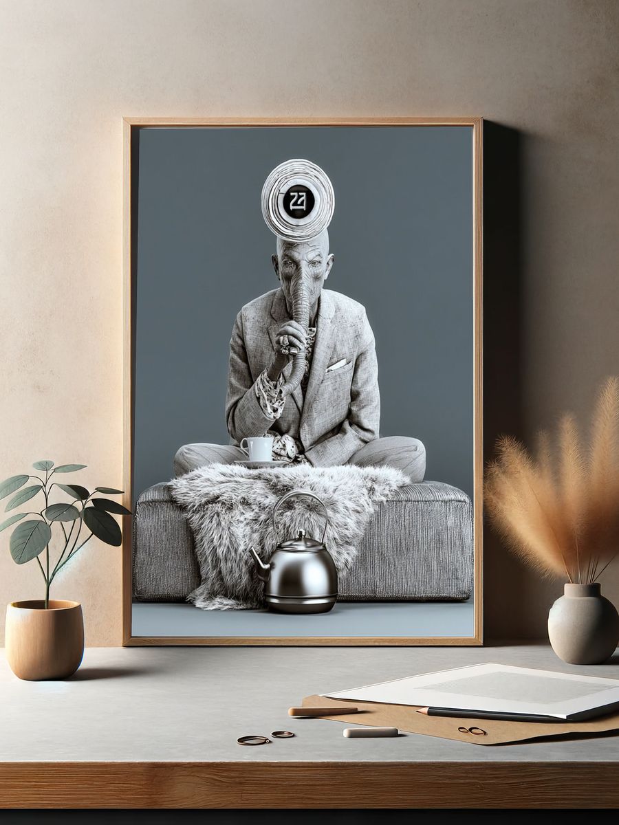 Surreal Elephant Tea Portrait Print. — room view 2