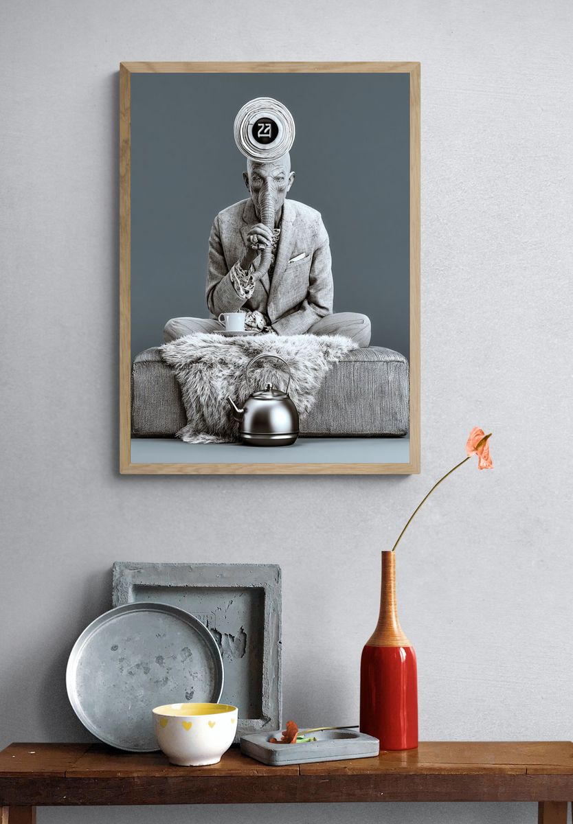 Surreal Elephant Tea Portrait Print. — room view 3
