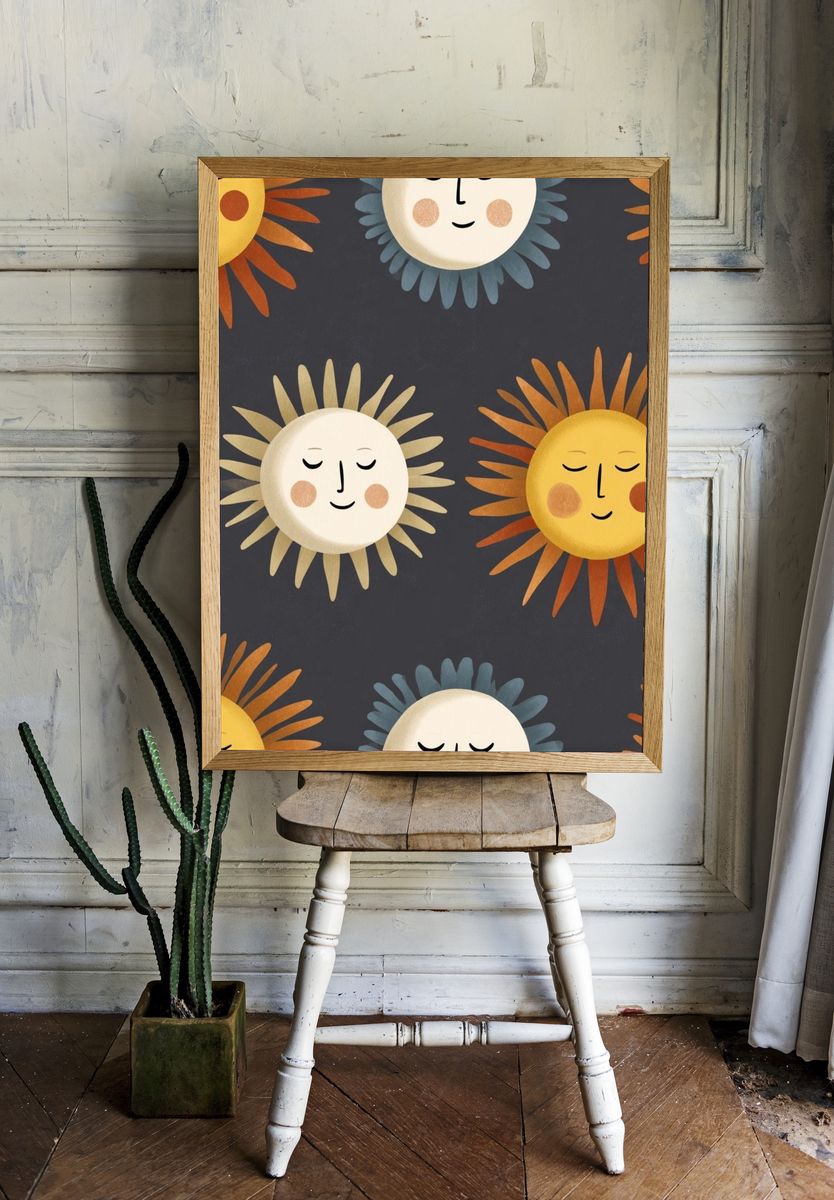 Sleepy Sun Faces Illustration Poster. — room view 1