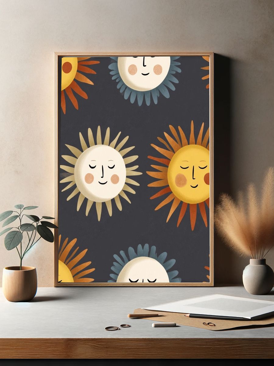 Sleepy Sun Faces Illustration Poster. — room view 2