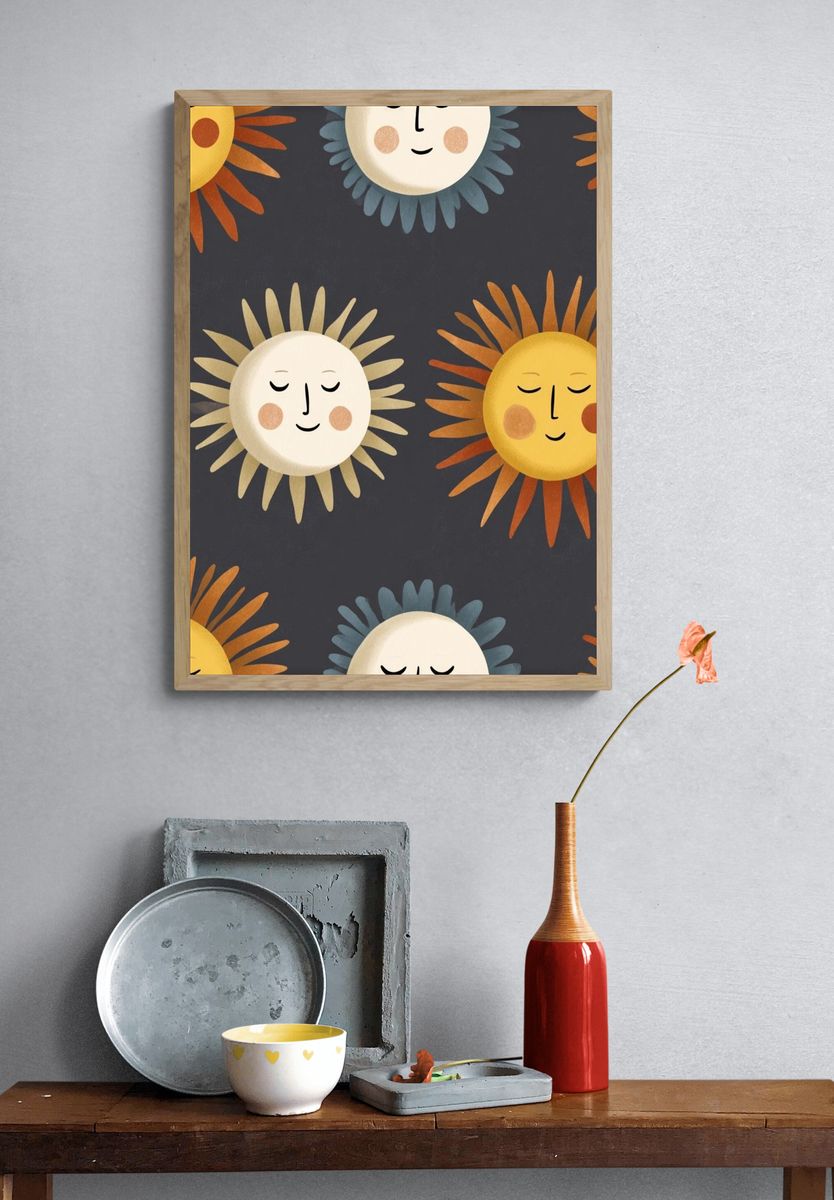 Sleepy Sun Faces Illustration Poster. — room view 3