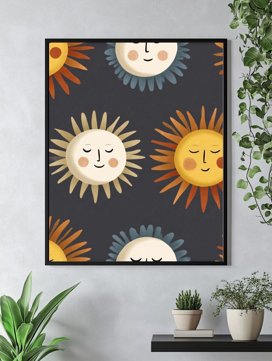 Sleepy Sun Faces Illustration Poster. — room view 4