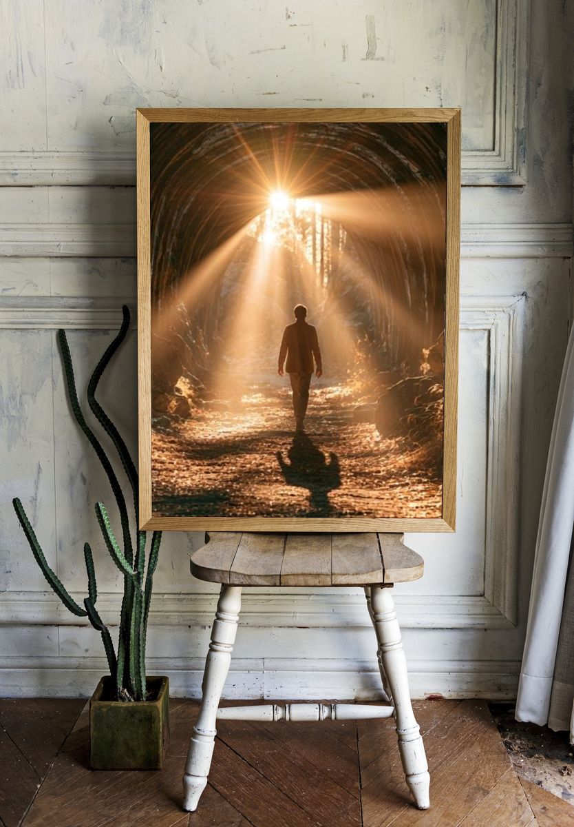 Sunlit Tunnel Silhouette Photography Poster. room preview