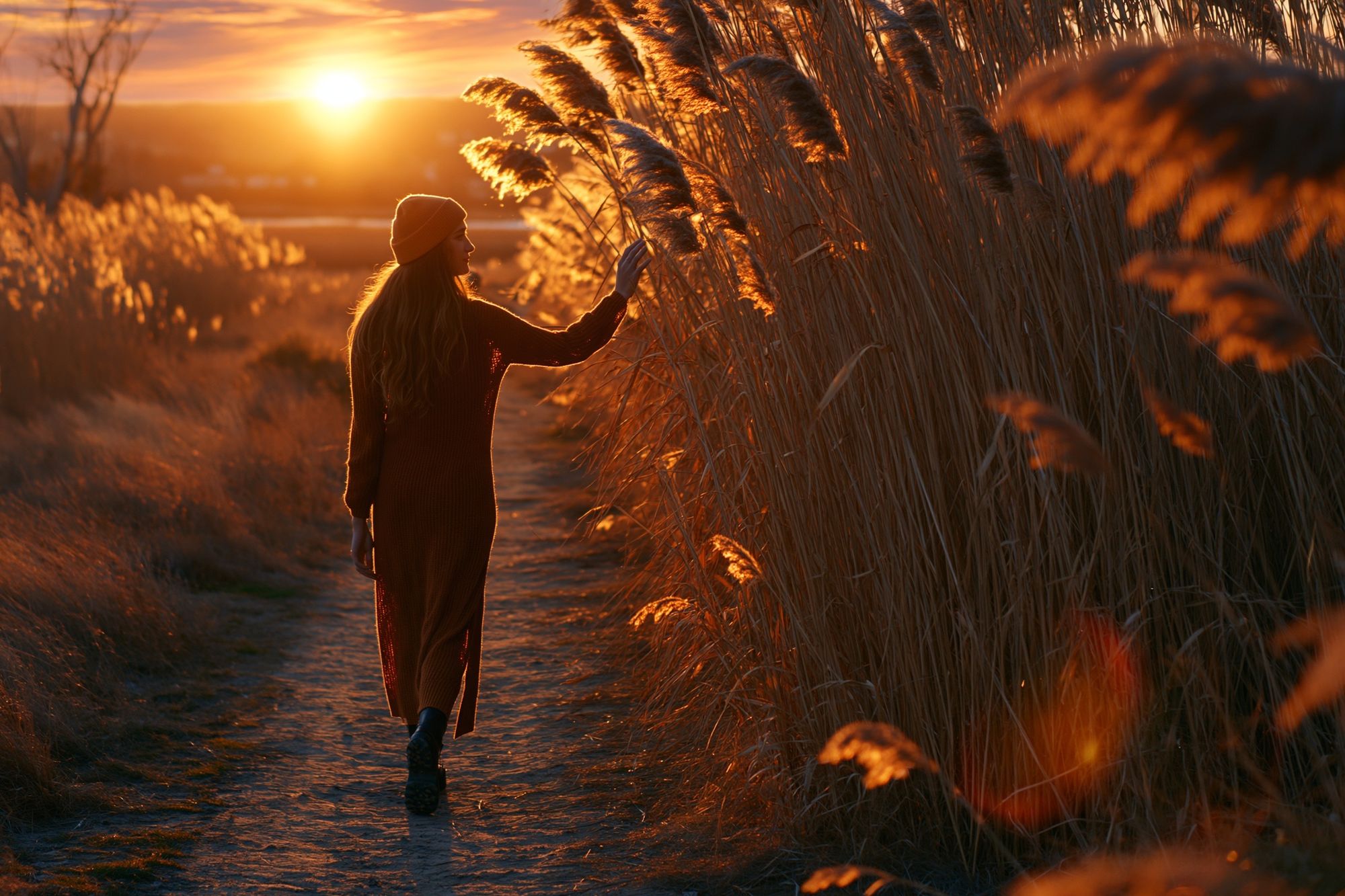 Sunset Reed Path Photography Poster. poster detail